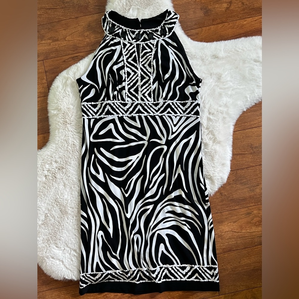 NWT EnFocus Studio Black & White Zebra Print Jeweled Halter Dress-Size 8